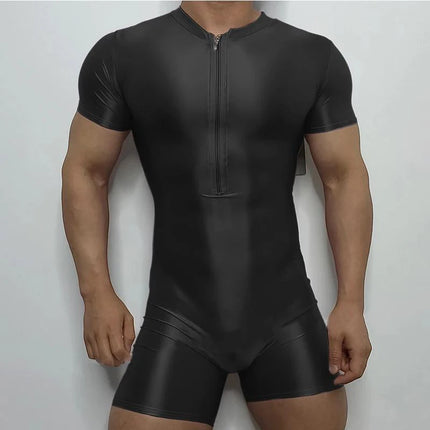 OG Waves Men's Deep V Zipper Bodysuit - Breathable Elastic Gym Romper
