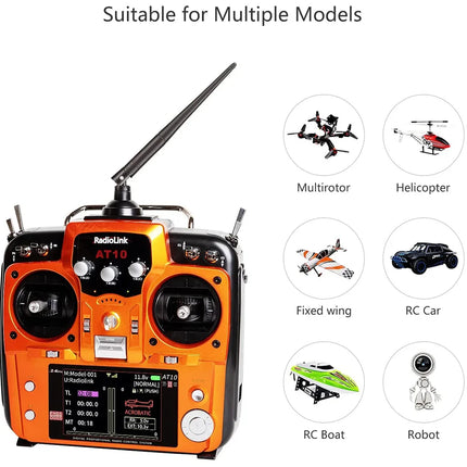 12-Channel 2.4GHz RC Transmitter & R12DS Receiver — AT10 II for Drone, Fixed Wing & Helicopter