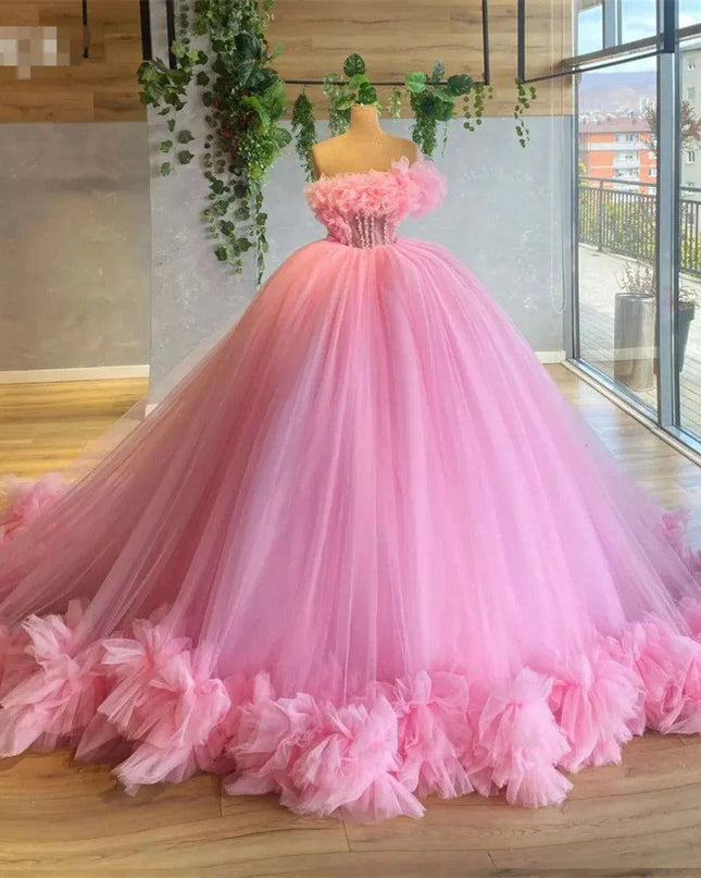 Blush Pink Off-Shoulder Tulle Gown with Floral Ruching for Elegant Evenings
