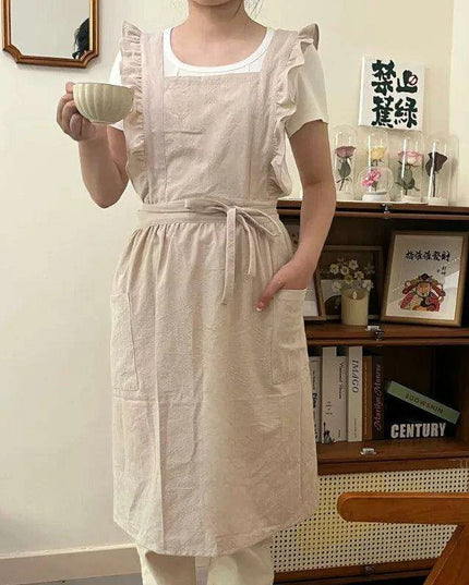 Chic Floral Ruffle Kitchen Apron for Women - Luxurious Japanese Washed Cotton Linen