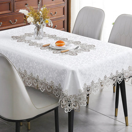 Battilo Lace Embroidery White Floral Rectangle Tablecloth Waterproof Oilproof