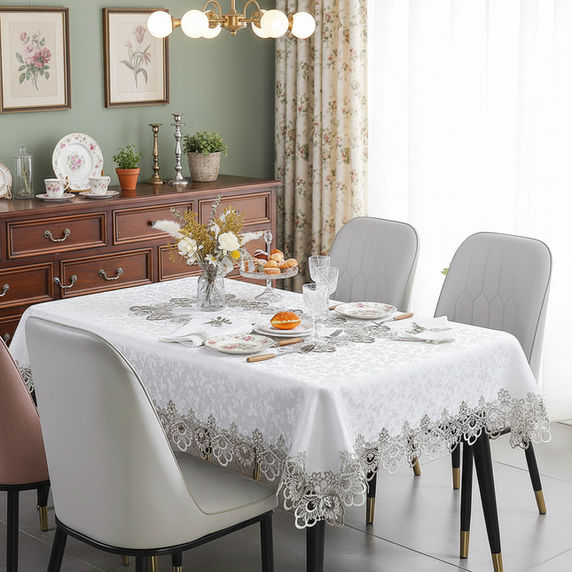 Battilo Lace Embroidery White Floral Rectangle Tablecloth Waterproof Oilproof