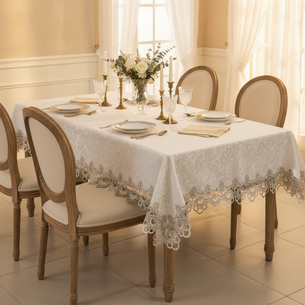 Waterproof Lace Embroidery Tablecloth — Jacquard Polyester, 7 Colours, 9 Sizes