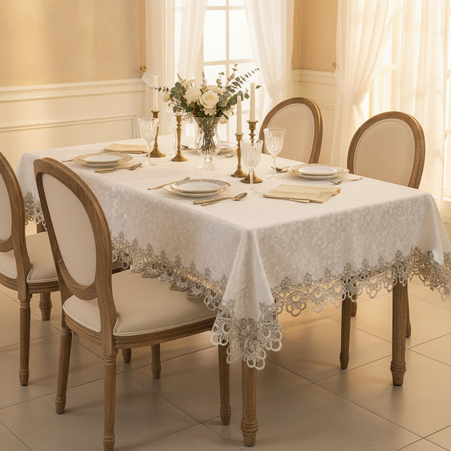 Waterproof Lace Embroidery Tablecloth — Jacquard Polyester, 7 Colours, 9 Sizes