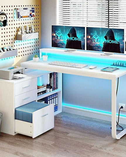 Stylish L-Shaped Workspace Desk with USB Charging Hub, Custom RGB Lighting, and Ample Storage Solutions