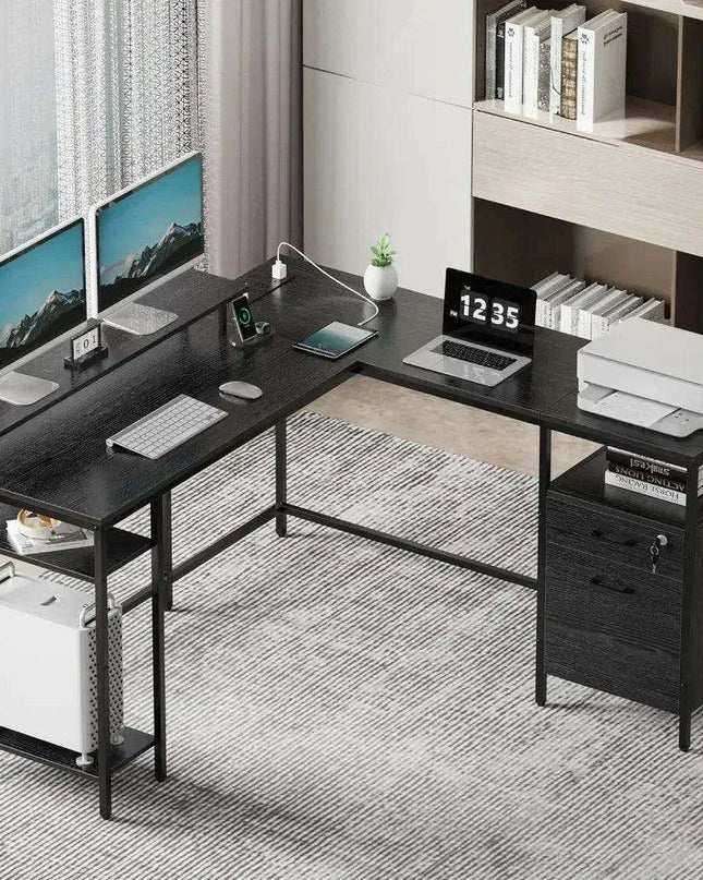 Modern Black L-Shaped Office Desk with Integrated Power Outlets