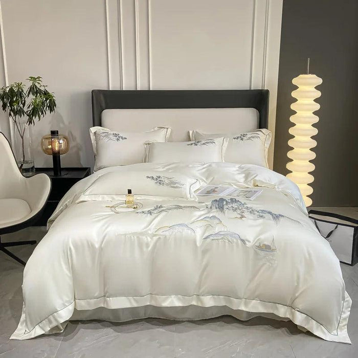 Elegant Chinese Landscape Embroidery Luxury Bedding Set - Silky Duvet Cover, Soft Quilt Cover, Bed Sheet & Pillowcases for 2024