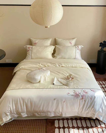 Luxurious Chinese Floral Embroidered Lyocell Cotton Silky Soft Bedding Ensemble with Duvet Cover, Flat/Fitted Sheets & Pillowcases