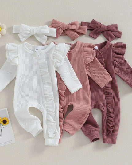 Autumn Ruffled Baby Girl Jumpsuit with Matching Bow Headband - Cozy Solid Color Romper for Newborns 0-12 Months