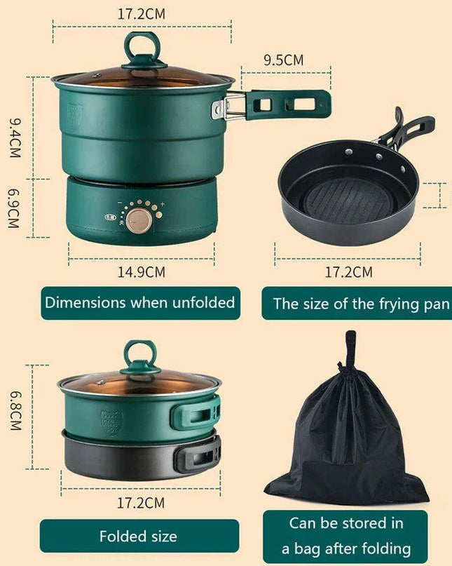 Compact Travel Multicooker: Foldable 110V/220V Cooking System for Frying, Steaming, and More