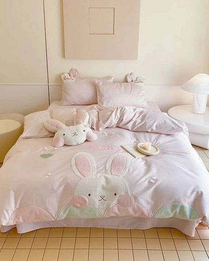 Charming Pink Bunny Applique Girls Luxury Duvet Cover Set - Premium 100S Egyptian Cotton Bedding for Single & Queen Beds