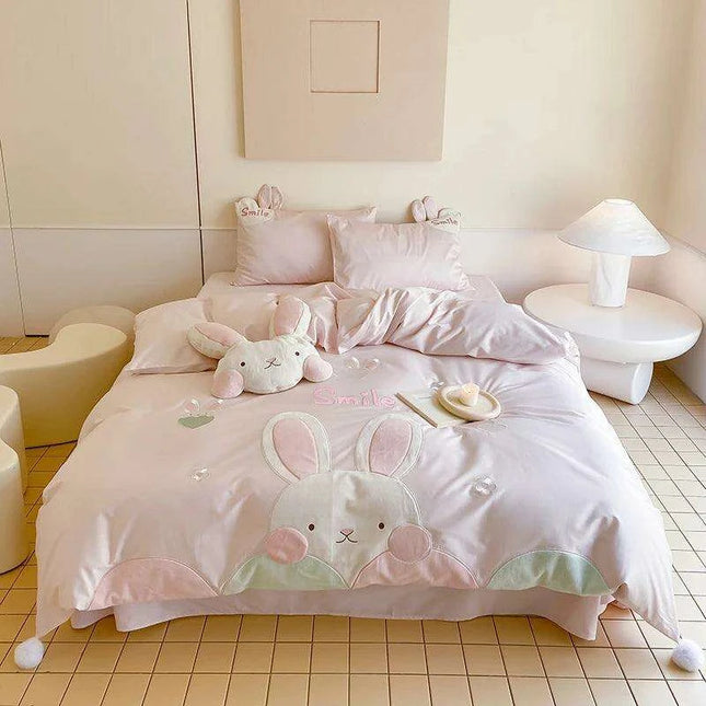 Charming Pink Bunny Applique Girls Luxury Duvet Cover Set - Premium 100S Egyptian Cotton Bedding for Single & Queen Beds