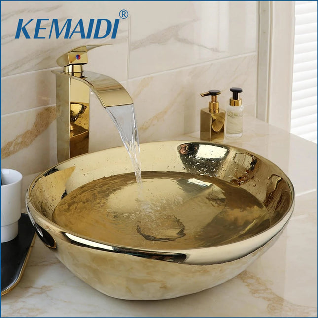 KEMAIDI Luxury Gold Ceramic Vessel Sink - Round Above Counter Basin