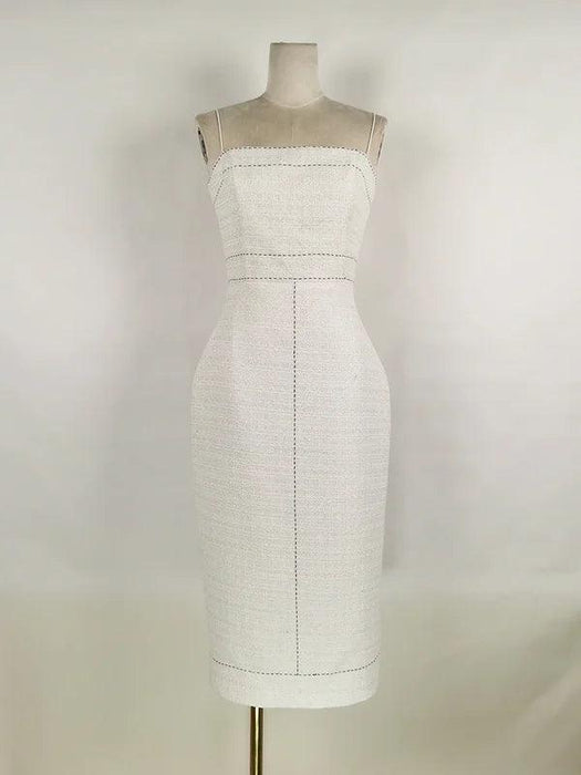 Elegant Women's Autumn 2-Piece Suit with Contrast Lines Belted Jacket and Slim Tweed Dress