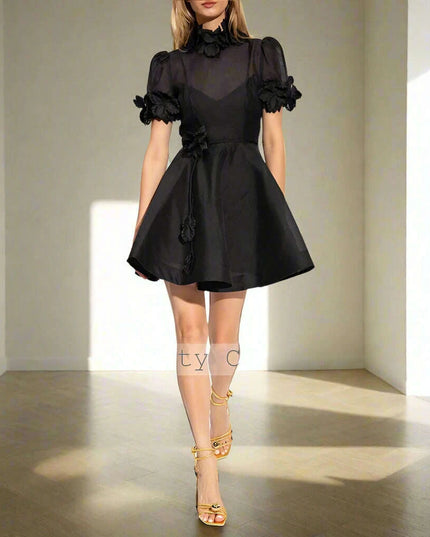 Customizable Black A-Line Mini Cocktail Dress with Floral Embellishments and High Neck
