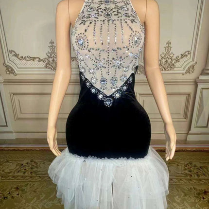 Elegant Black Velour Backless Halter Dress with Sparkling Crystal Details