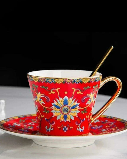 Imperial Elegance Enamel Porcelain Tea and Coffee Cup Set with Ornate Borders