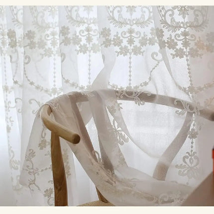 White Floral Embroidered Sheer Voile Curtains – Grommet Top