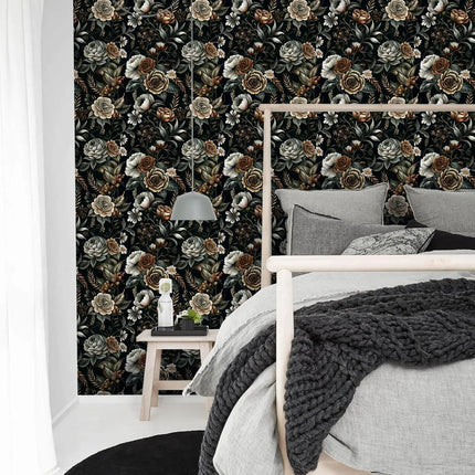 Très Elite Vintage Dark Floral Self-Adhesive Wallpaper, Large Design