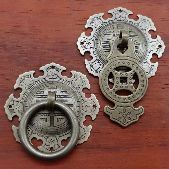 Vintage Brass No-Drill Ring Pull Handle — Circle, Pisces, Coin & Auspicious Character Motifs, 3–6cm