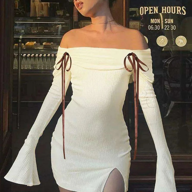 Seductive Off-Shoulder Ribbed Bodycon Mini Dress with Elegant Flare Sleeves and Chic Backless Design