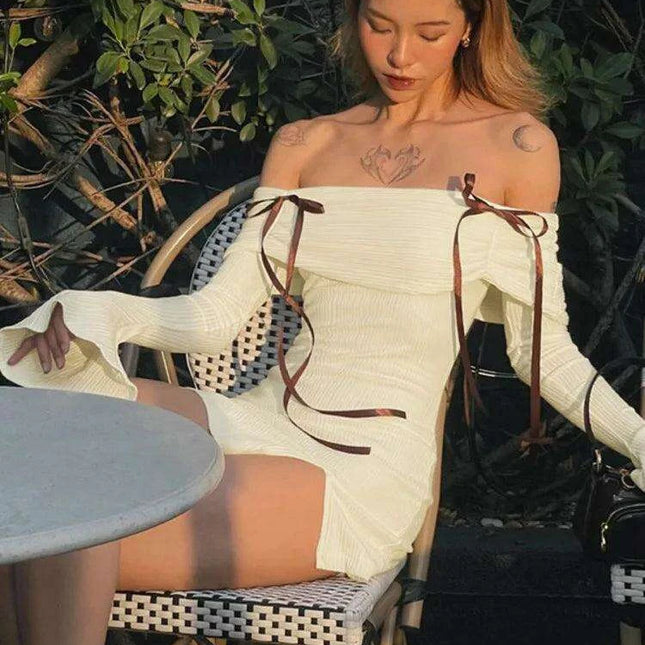 Seductive Off-Shoulder Ribbed Bodycon Mini Dress with Elegant Flare Sleeves and Chic Backless Design