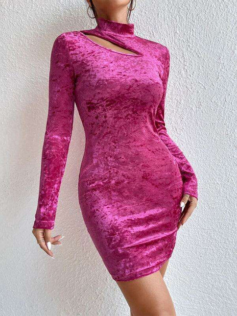 Seductive Velvet Bodycon Dress with Elegant Half-High Neck and Alluring Cut-Out Design