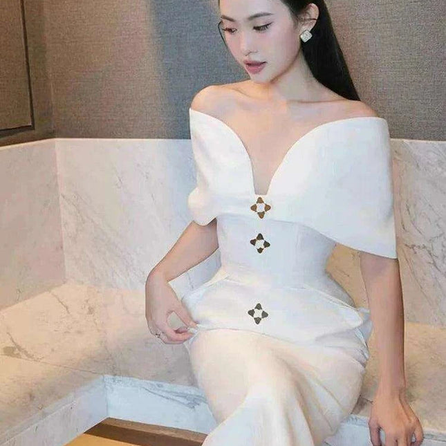 High-Waisted Evening Gown with Asymmetrical Neckline and Slit Detail