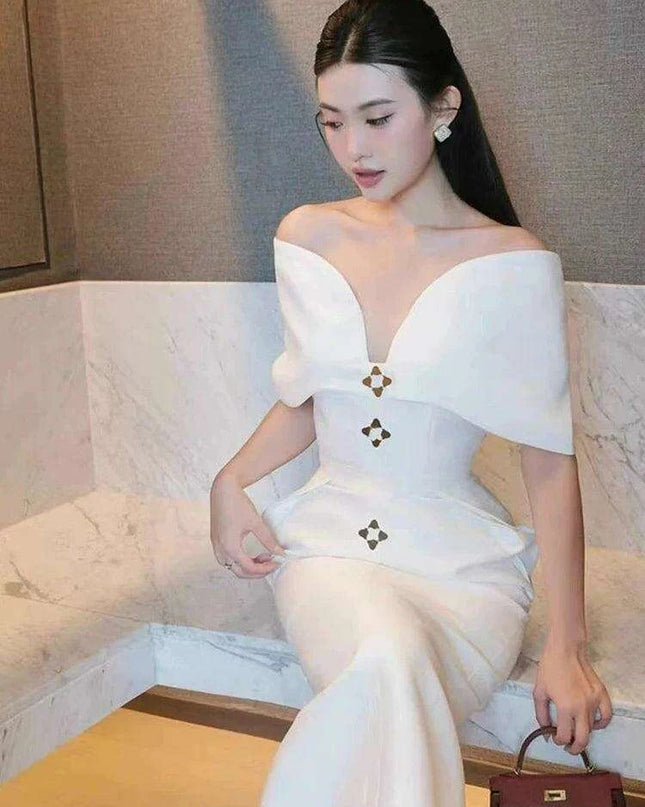 High-Waisted Evening Gown with Asymmetrical Neckline and Slit Detail