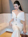 High-Waisted Evening Gown with Asymmetrical Neckline and Slit Detail