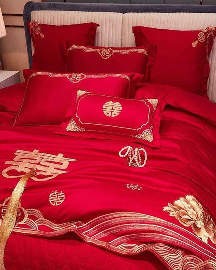 Luxury Red Chinese Wedding Duvet Cover Set with Elegant Golden Floral Embroidery and Premium Pillowcases