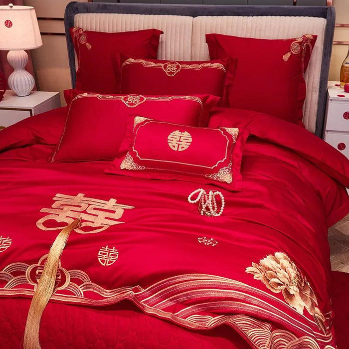 Luxury Red Chinese Wedding Duvet Cover Set with Elegant Golden Floral Embroidery and Premium Pillowcases