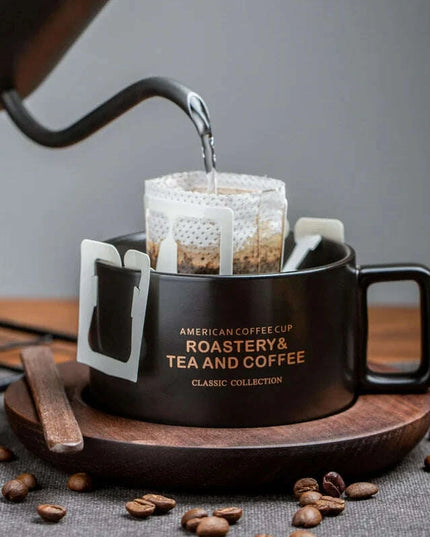 Classic American Elegance: Ceramic Coffee Mug Set with Walnut Holder and Gift Box