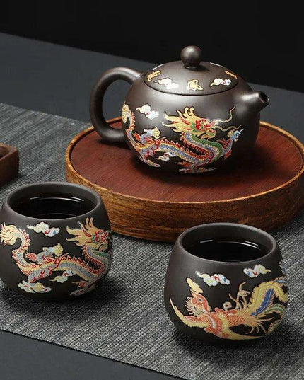 Artisan Color-Changing Purple Clay Teapot with Dragon and Phoenix Design - A Unique Gift for Tea Aficionados