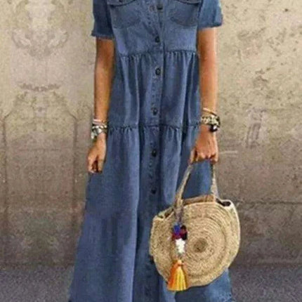 Retro-Inspired Short Sleeve Denim Dress with Pockets and Button Detail for Women’s Spring/Summer Casual Wear