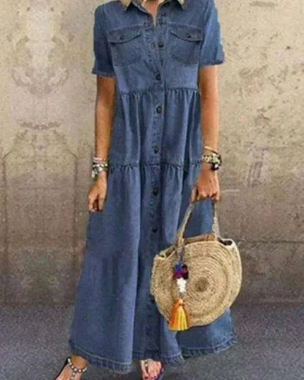 Retro-Inspired Short Sleeve Denim Dress with Pockets and Button Detail for Women’s Spring/Summer Casual Wear