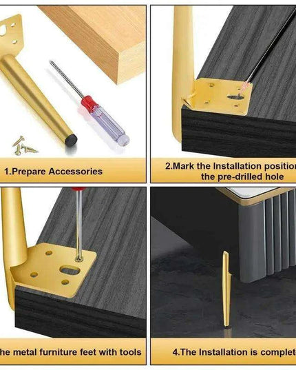 Modern Gold and Black Steel Adjustable Furniture Legs - Set of 4 with Rubber Feet