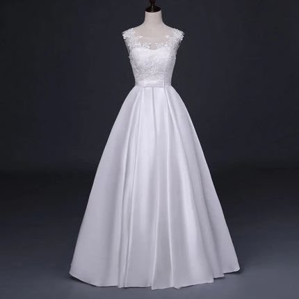 Elegant White Satin Backless Wedding Dress with Lace Embroidery