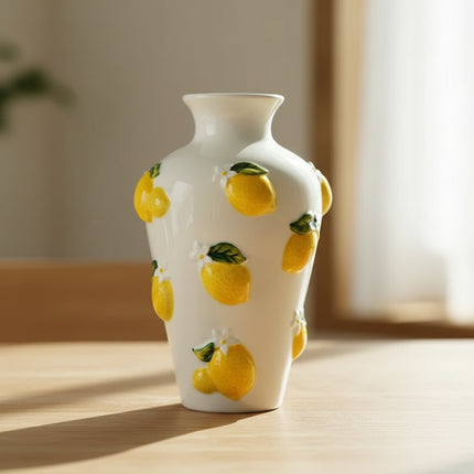 Hand Drawn Lemon Relief Ceramic Vase, Lemon Girl Desktop Flower Vase,