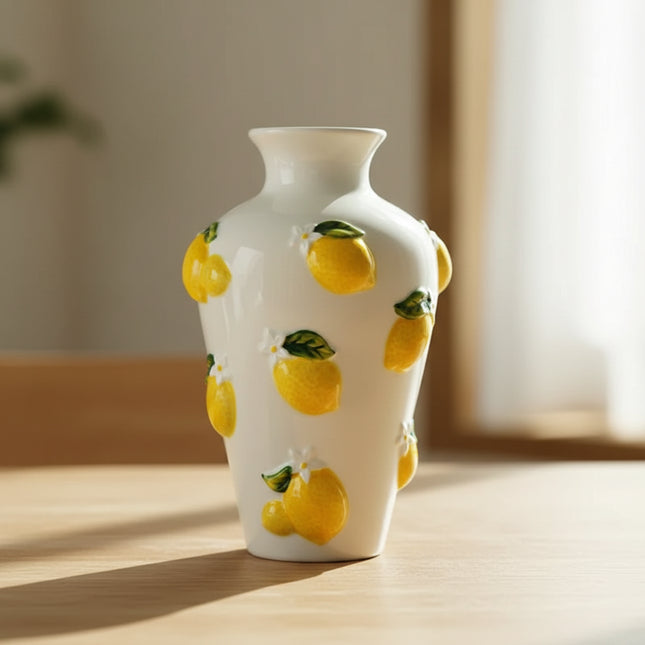 Lemon Girl Ceramic Head Vase — Hand-Painted Lemon Relief Bust, Desktop Flower Vase & Home Decor
