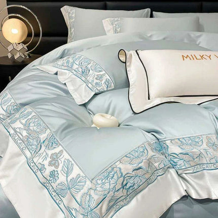 Luxury Rose Butterfly Embroidery 4-Piece Egyptian Cotton Bedding Set