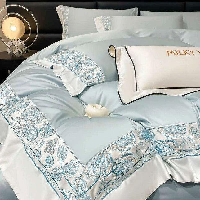 Luxury Rose Butterfly Embroidery 4-Piece Egyptian Cotton Bedding Set