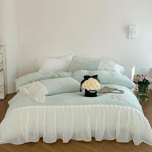 French Lace Ruffle Bedding Set with Velvet Duvet Cover and Floral Embroidery - 4-Piece Ensemble
