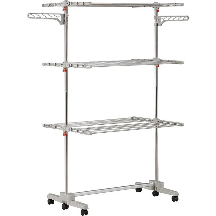 Mobile 3-Tier Clothes Drying Rack - 48 Rods, Stainless Steel, Easy Assembly, Portable, Ideal for Laundry, Quilts, Delicates