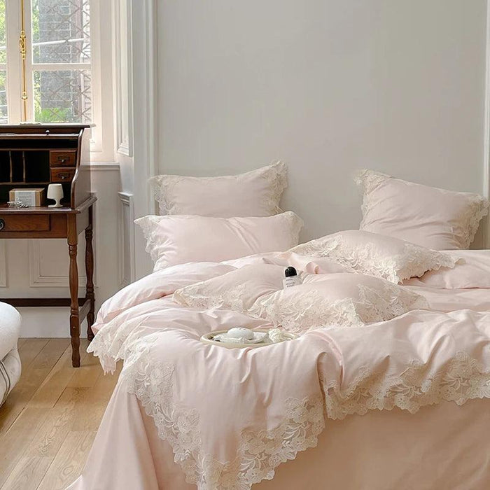 Chic Light Pink Lace Embroidered Royal Quilt Set - Luxurious Egyptian Cotton Duvet Cover with Matching Bed Sheet & Pillowcases in Korean Design