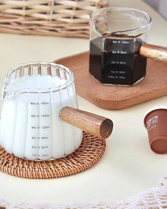 Borosilicate Glass Milk Cup Set with Wooden Handle and Measuring Tools for Espresso and Baking