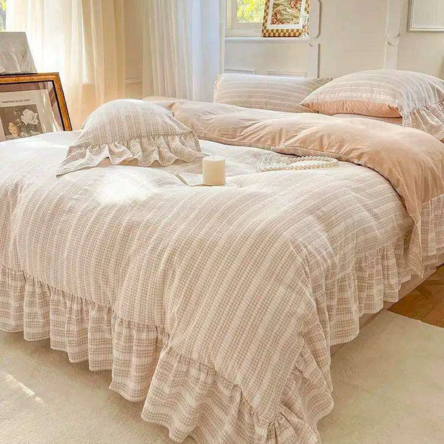 Elegant 4-Piece French Vintage Plaid Cotton Bedding Set with Ruffled Duvet Cover and Bed Skirt