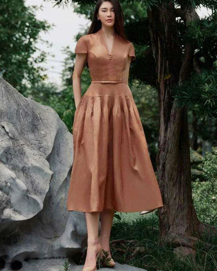 V-neck Bowknot High-Waisted Pleated A-line Evening Dress for Women