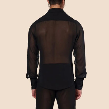 Men's See-Through Mesh Long Sleeve Shirt — Vintage Streetwear, Black