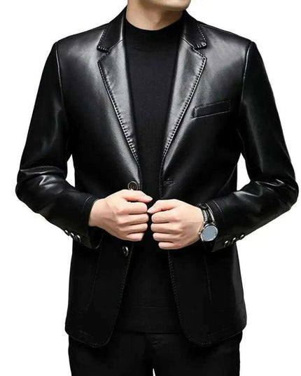 Men's Premium Faux Leather Lapel Jacket with Elegant Button Cuffs and Practical Pockets